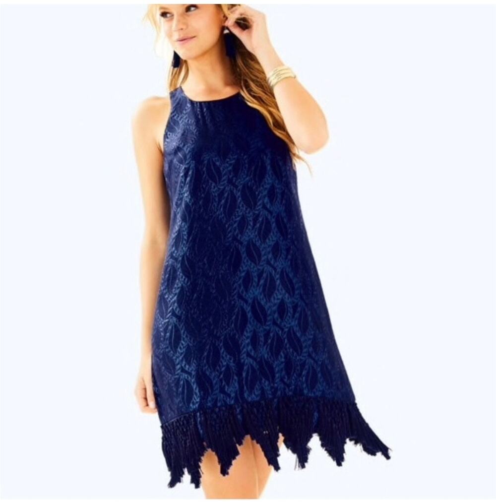 Lilly Pulitzer Marquette Silk Navy Fringe Shift Dress XS